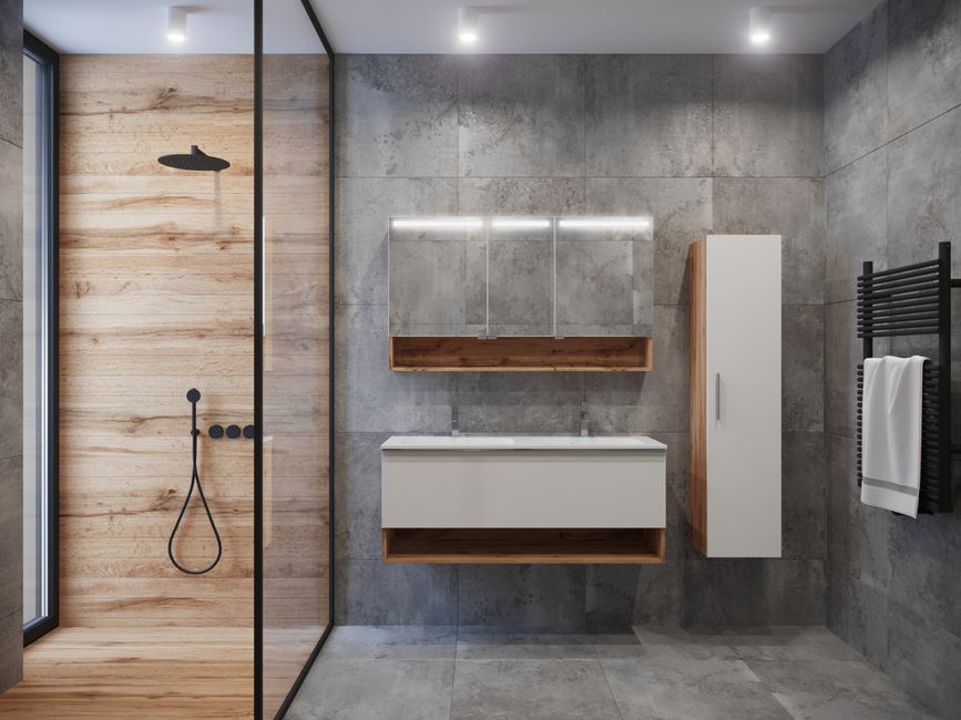 Salle de bain minimaliste avec murs en béton, douche à l'italienne, meuble en bois et accessoires modernes.