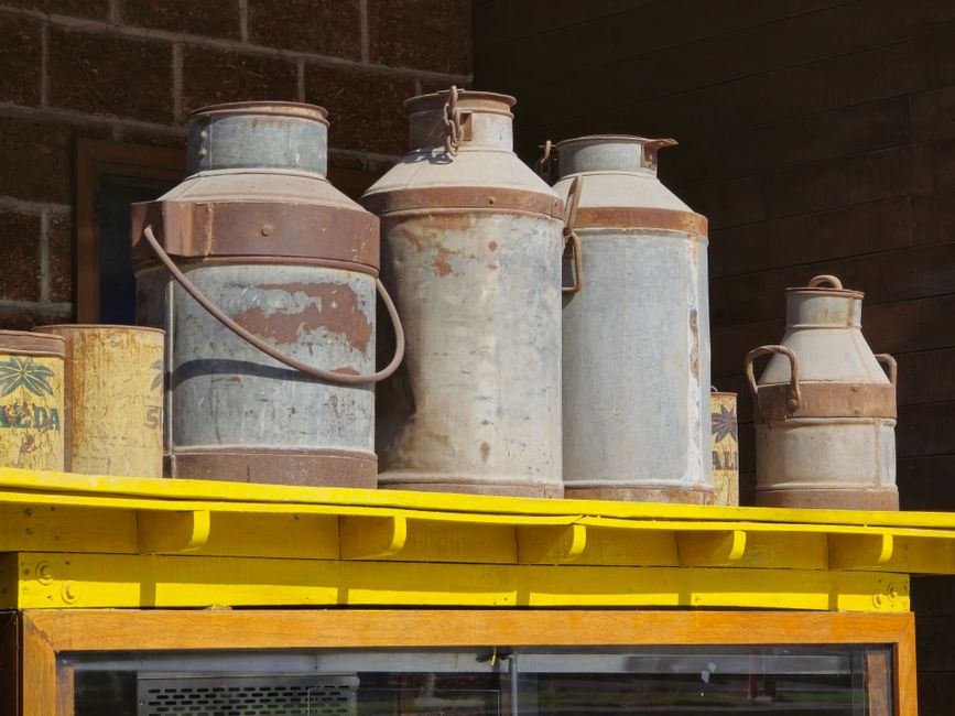 Bouteilles en métal rouillé sur une étagère jaune, évoquant des méthodes de conservation artisanales.
